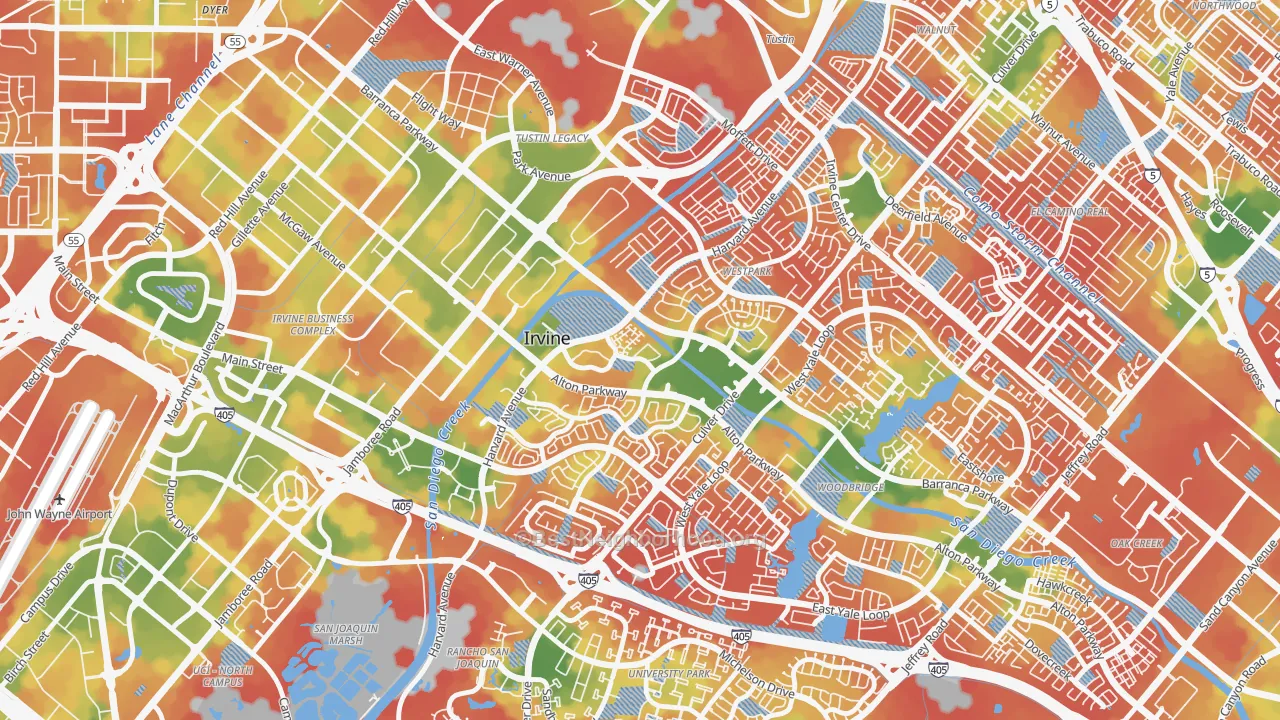 Walk Grade map of West Park, Irvine, CA, walkable areas in green and car-dependent areas in red