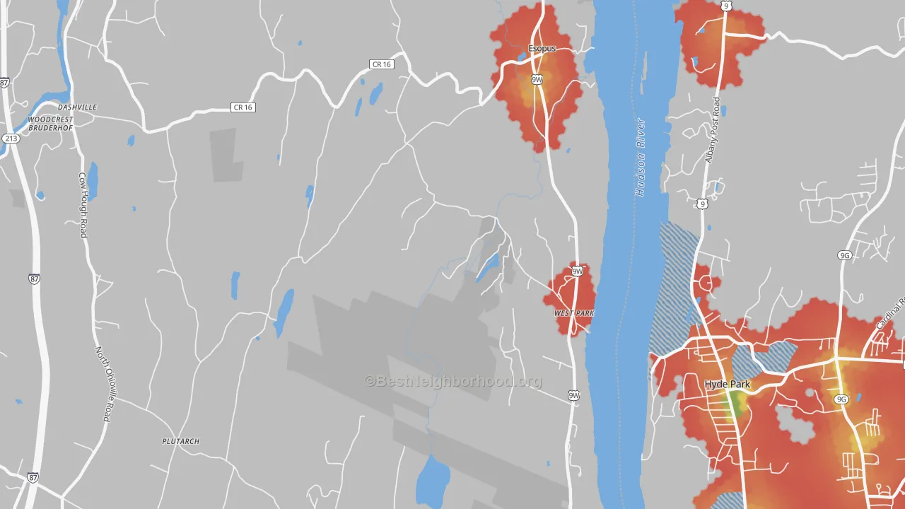 Walk Grade map of West Park, NY, walkable areas in green and car-dependent areas in red