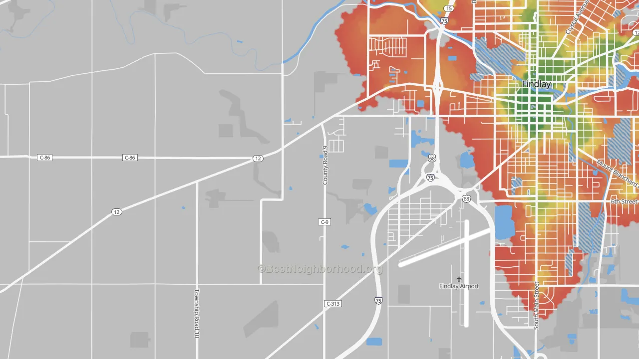 Walk Grade map of West Park, OH, walkable areas in green and car-dependent areas in red