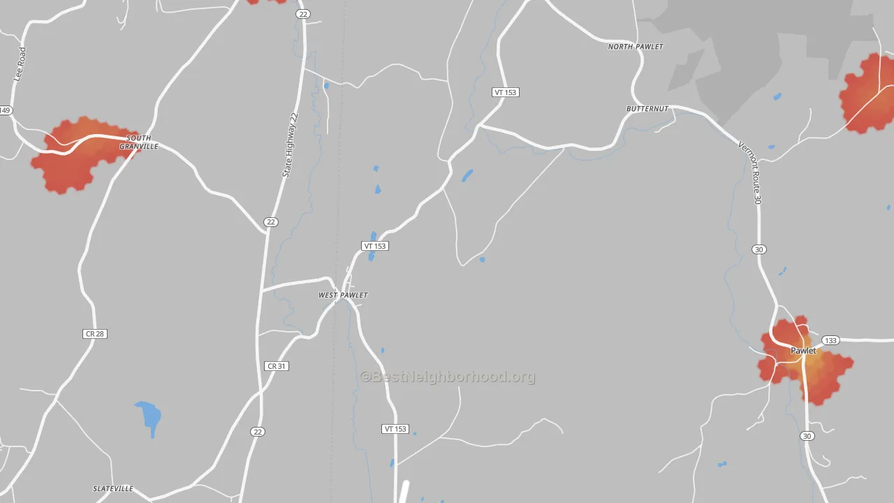 Walk Grade map of West Pawlet, VT, walkable areas in green and car-dependent areas in red