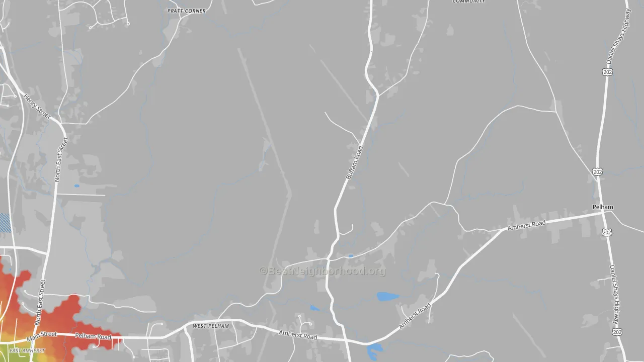 Walk Grade map of West Pelham, MA, walkable areas in green and car-dependent areas in red
