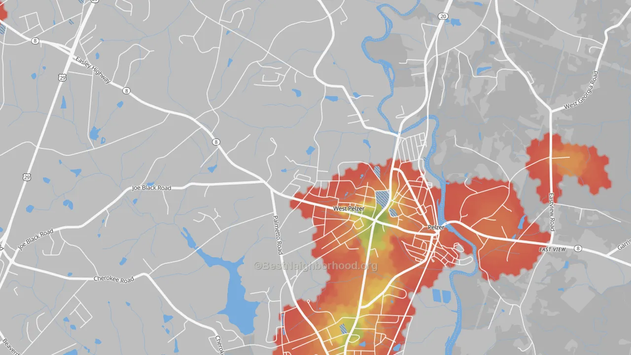 Walk Grade map of West Pelzer, SC, walkable areas in green and car-dependent areas in red