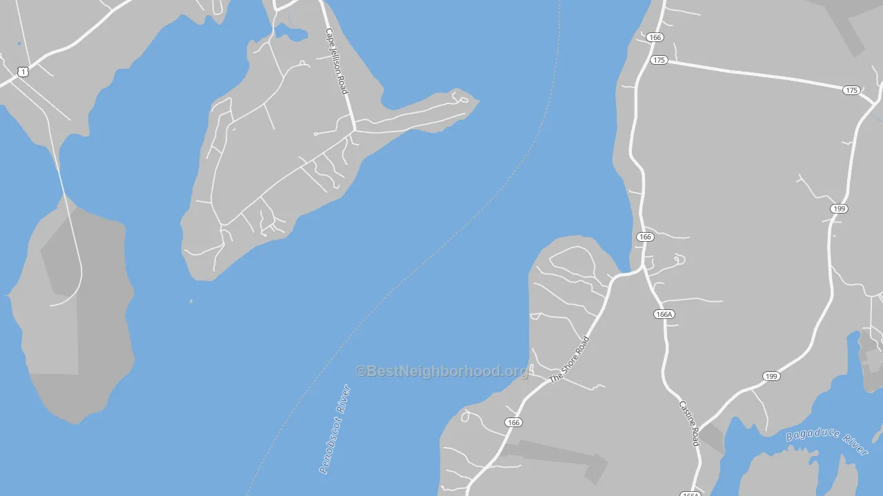 Walk Grade map of West Penobscot, ME, walkable areas in green and car-dependent areas in red