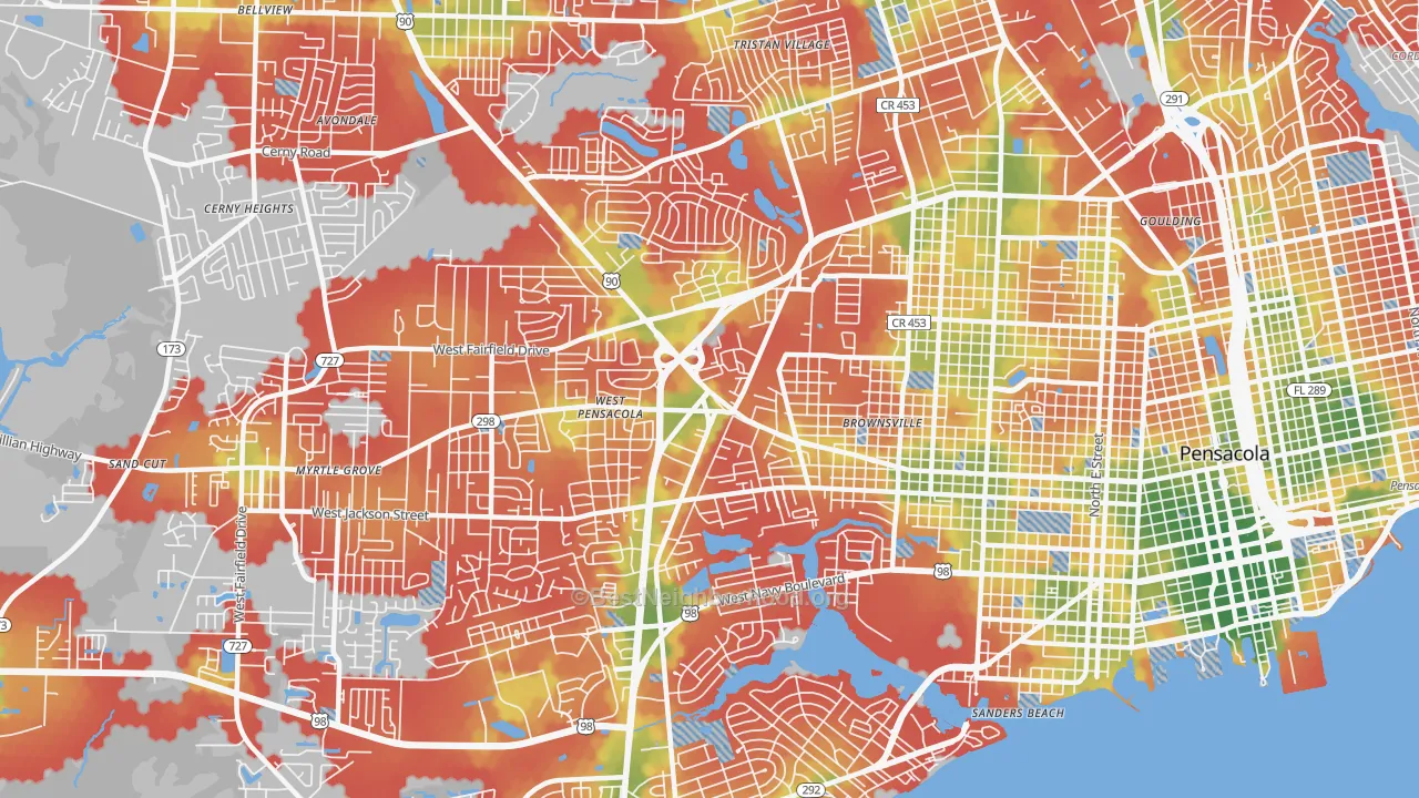 Walk Grade map of West Pensacola, FL, walkable areas in green and car-dependent areas in red