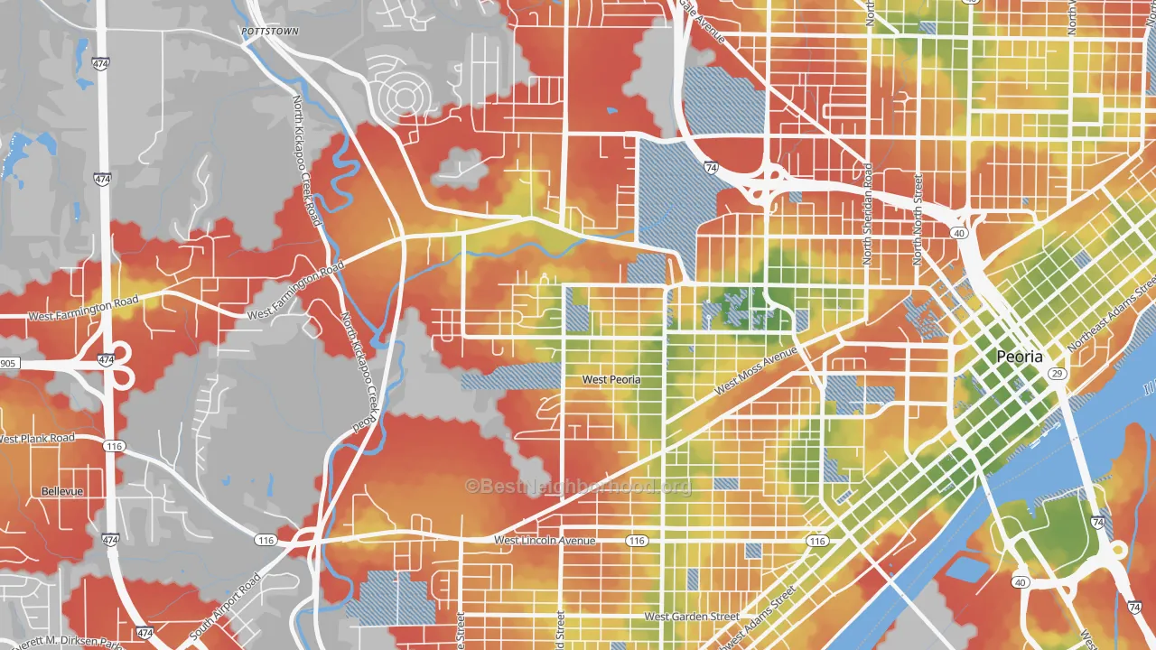 Walk Grade map of West Peoria, IL, walkable areas in green and car-dependent areas in red