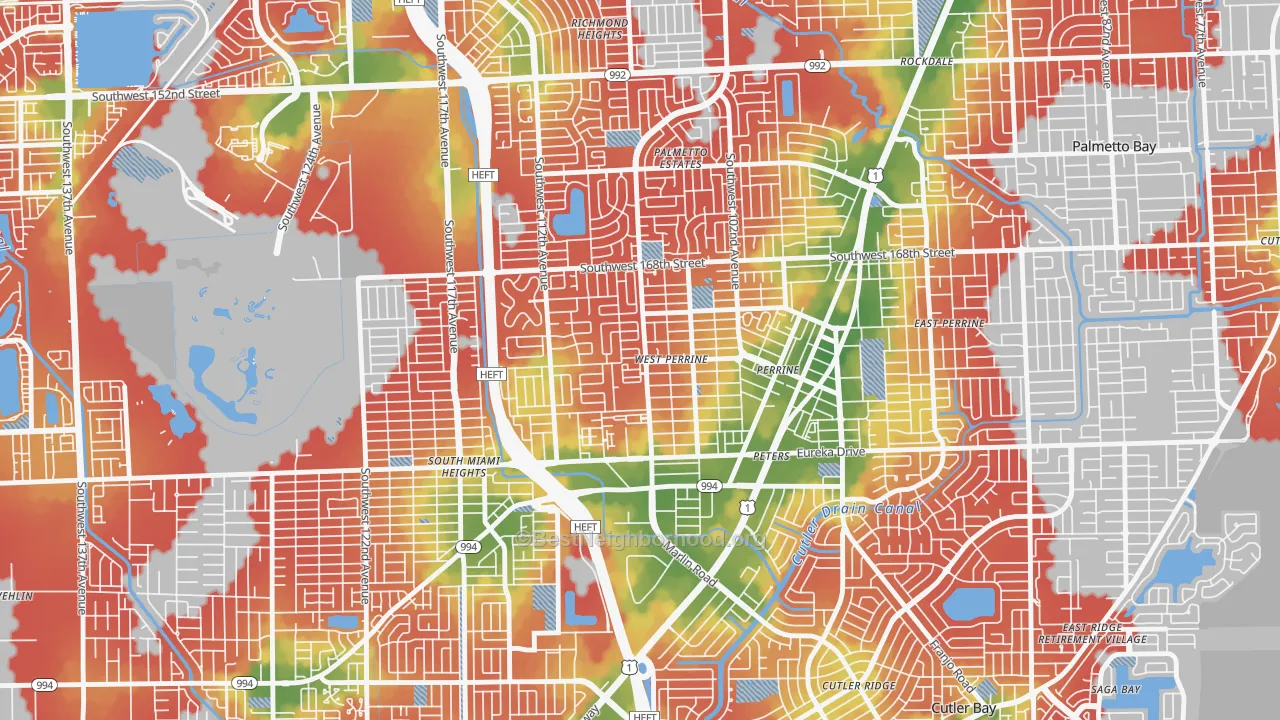 Walk Grade map of West Perrine, FL, walkable areas in green and car-dependent areas in red