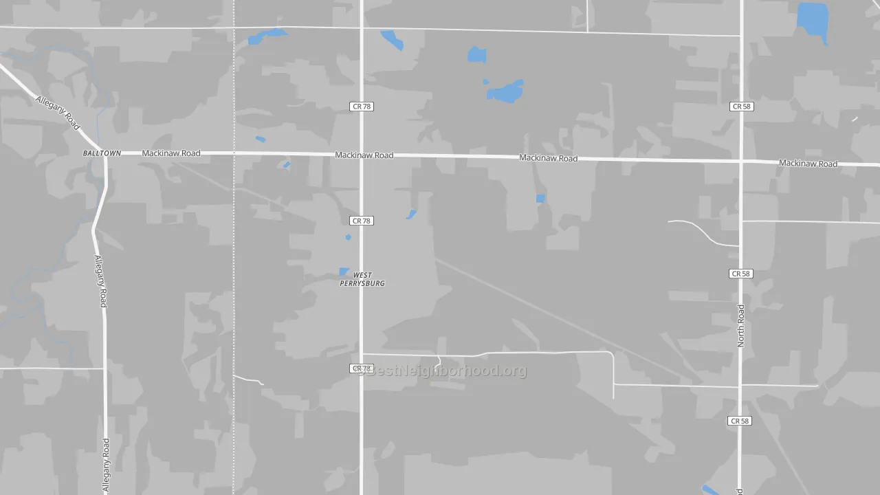 Walk Grade map of West Perrysburg, NY, walkable areas in green and car-dependent areas in red