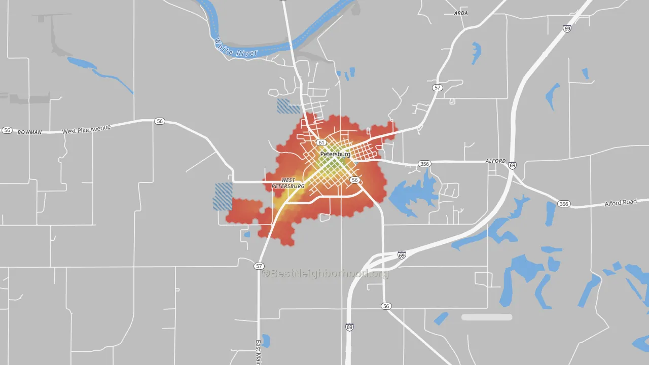 Walk Grade map of West Petersburg, IN, walkable areas in green and car-dependent areas in red