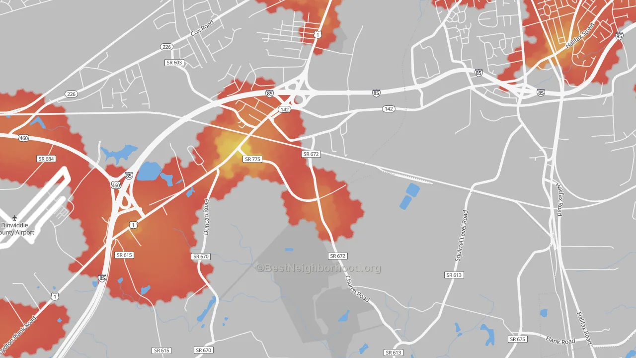 Walk Grade map of West Petersburg, VA, walkable areas in green and car-dependent areas in red