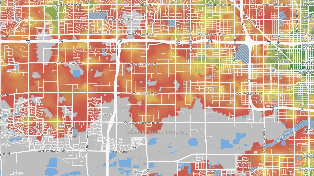 Walk Grade map of West Phoenix, Phoenix, AZ, walkable areas in green and car-dependent areas in red