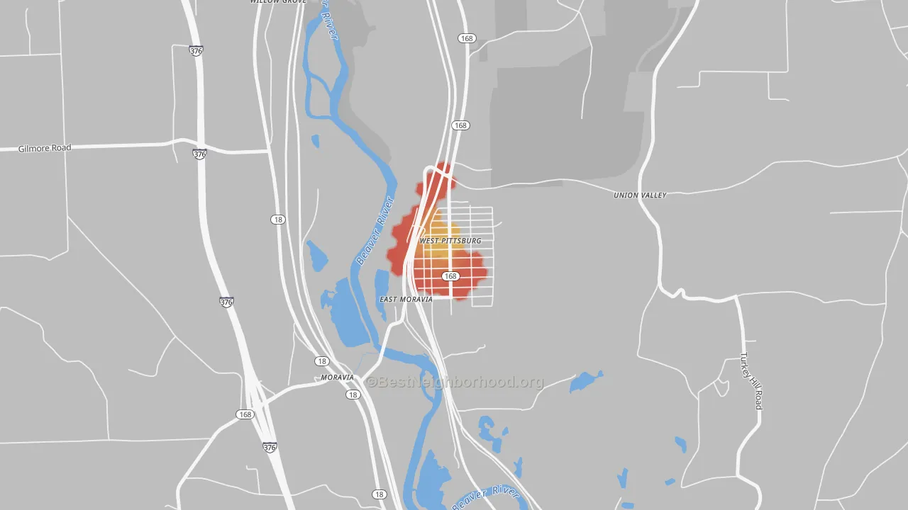 Walk Grade map of West Pittsburg, PA, walkable areas in green and car-dependent areas in red