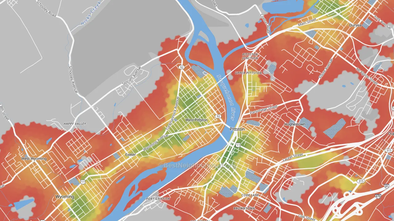 Walk Grade map of West Pittston, PA, walkable areas in green and car-dependent areas in red