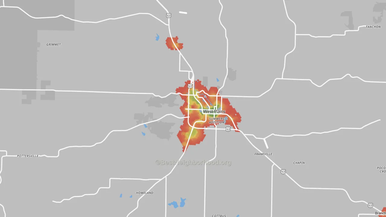 Walk Grade map of West Plains, MO, walkable areas in green and car-dependent areas in red
