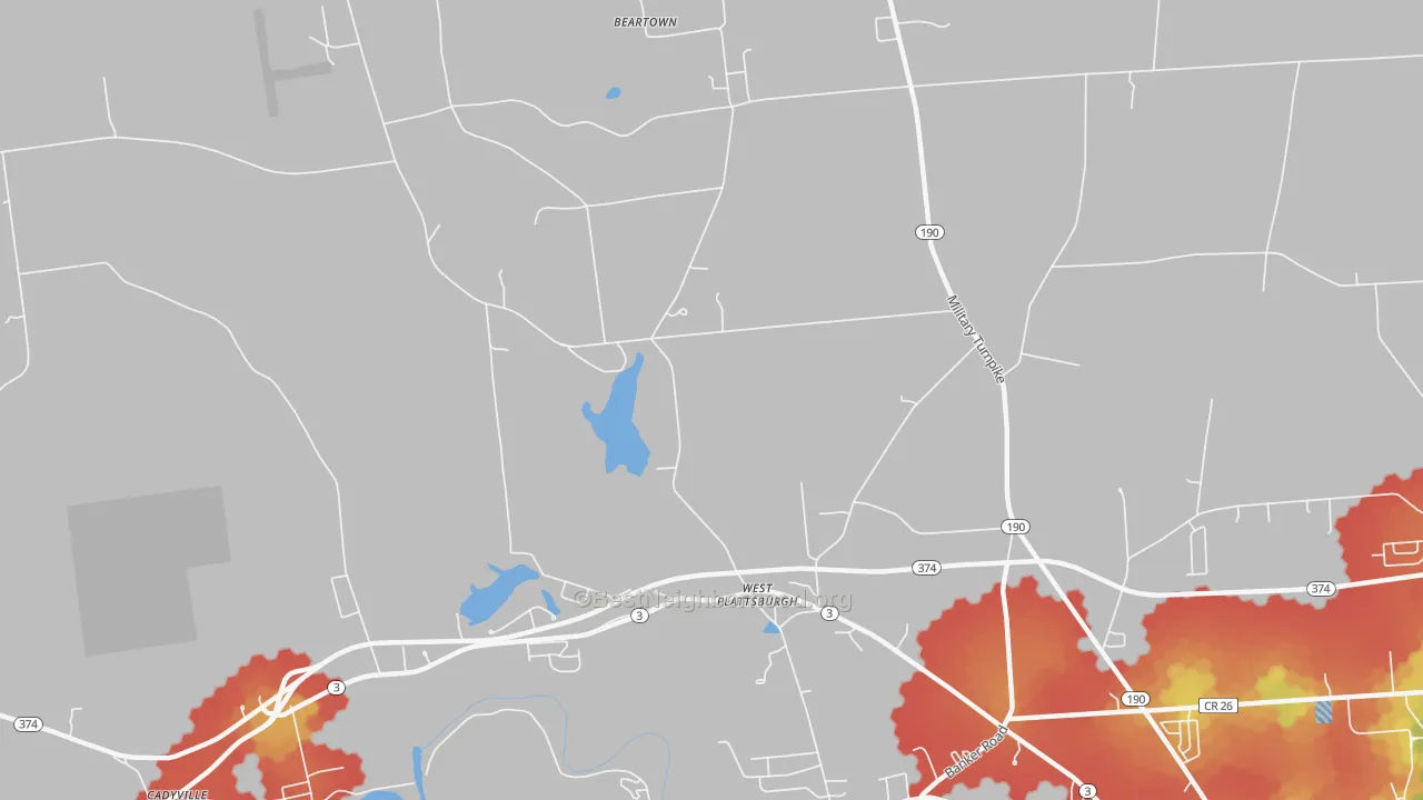 Walk Grade map of West Plattsburg, NY, walkable areas in green and car-dependent areas in red