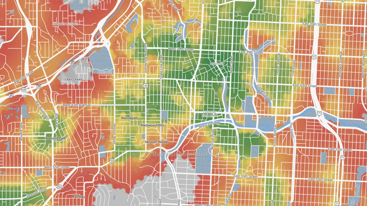 Walk Grade map of West Plaza, Kansas City, MO, walkable areas in green and car-dependent areas in red