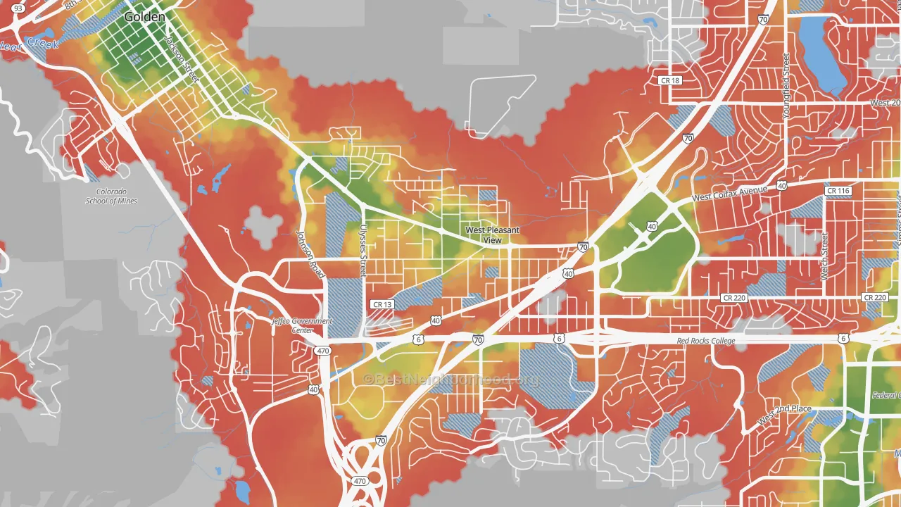 Walk Grade map of West Pleasant View, CO, walkable areas in green and car-dependent areas in red