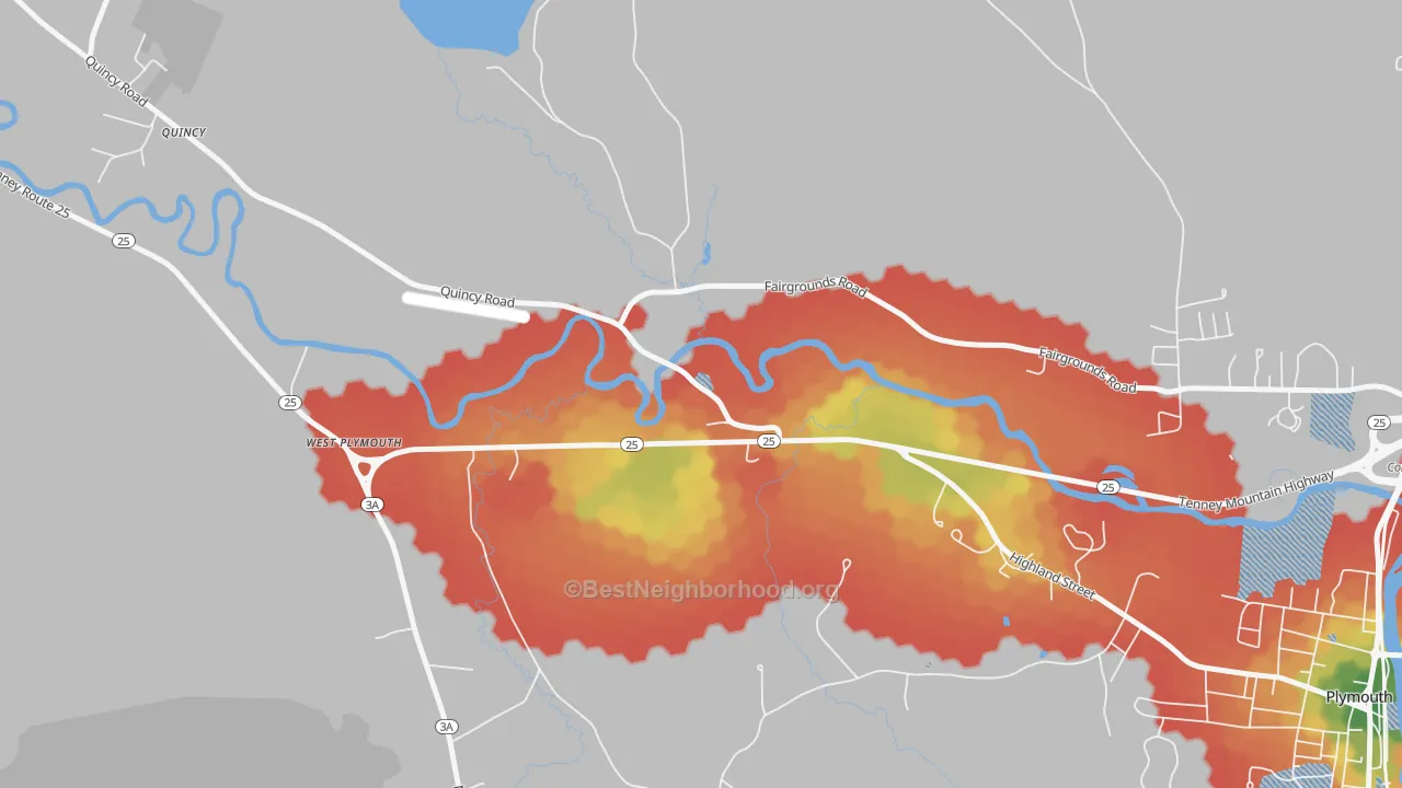 Walk Grade map of West Plymouth, NH, walkable areas in green and car-dependent areas in red