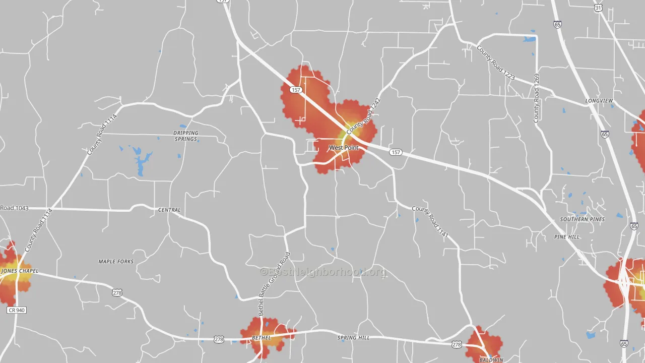 Walk Grade map of West Point, AL, walkable areas in green and car-dependent areas in red