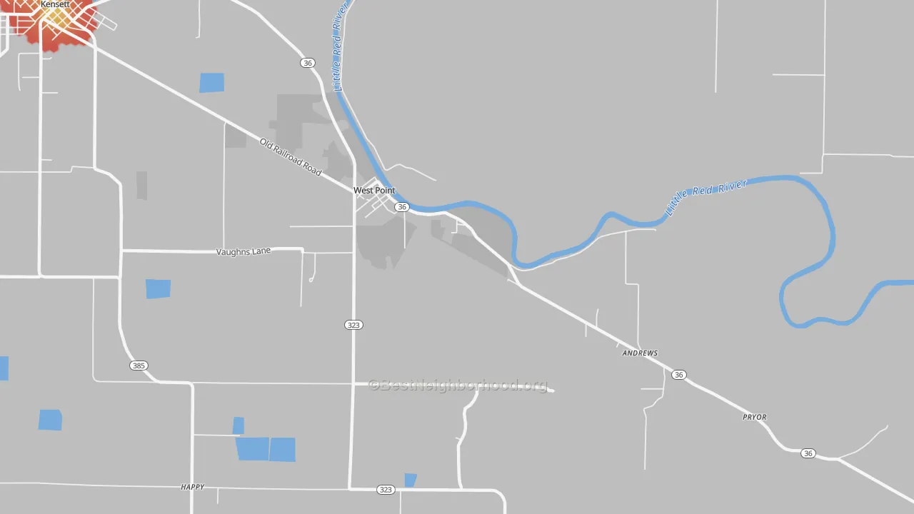 Walk Grade map of West Point, AR, walkable areas in green and car-dependent areas in red