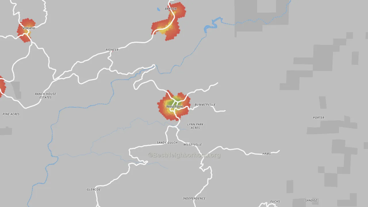 Walk Grade map of West Point, CA, walkable areas in green and car-dependent areas in red