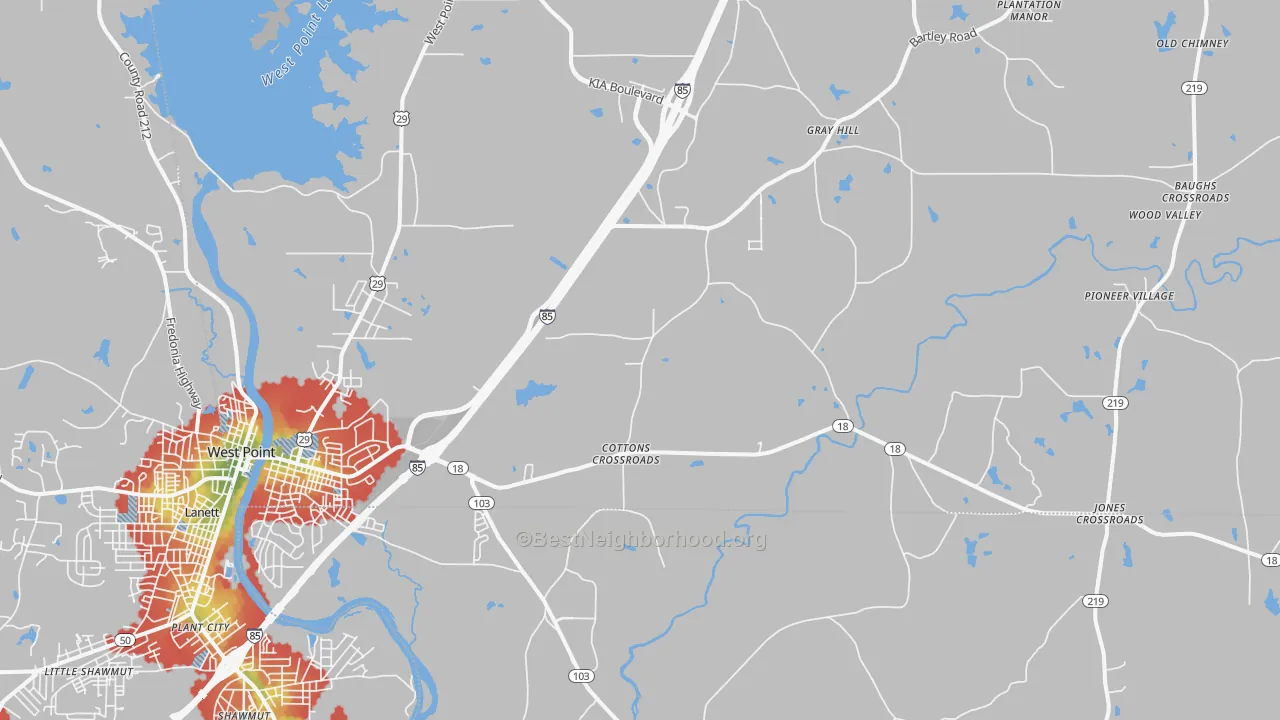 Walk Grade map of West Point, GA, walkable areas in green and car-dependent areas in red