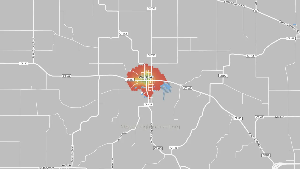 Walk Grade map of West Point, IA, walkable areas in green and car-dependent areas in red