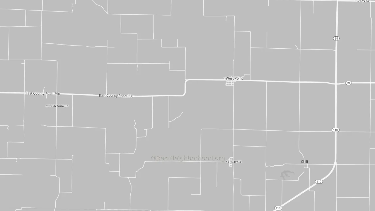 Walk Grade map of West Point, IL, walkable areas in green and car-dependent areas in red