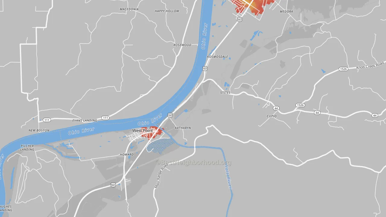 Walk Grade map of West Point, KY, walkable areas in green and car-dependent areas in red