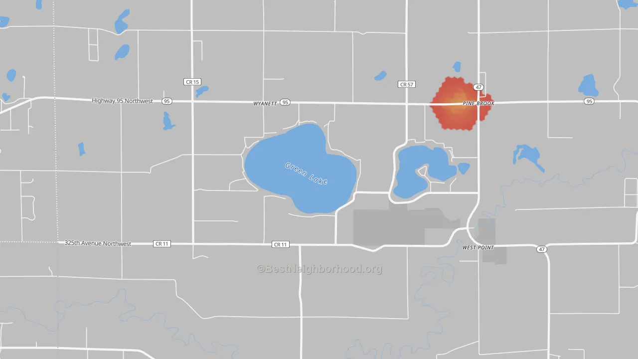 Walk Grade map of West Point, MN, walkable areas in green and car-dependent areas in red