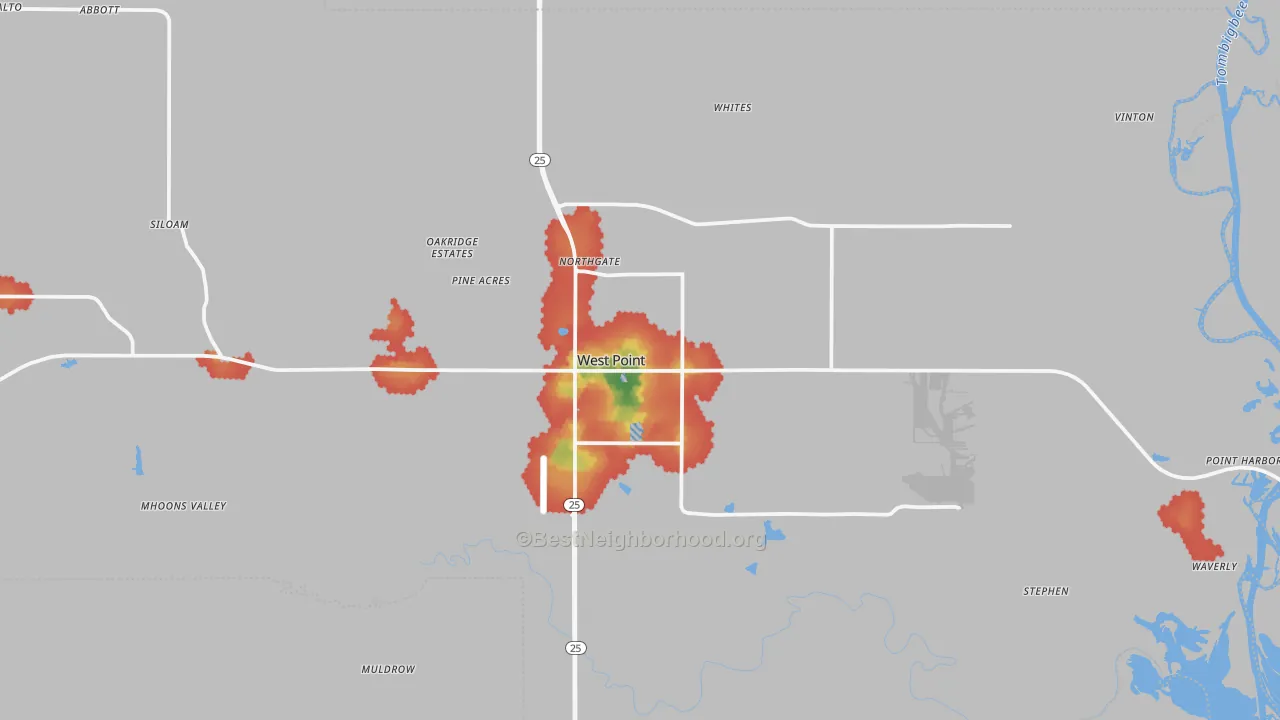 Walk Grade map of West Point, MS, walkable areas in green and car-dependent areas in red