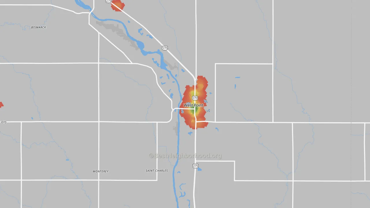 Walk Grade map of West Point, NE, walkable areas in green and car-dependent areas in red