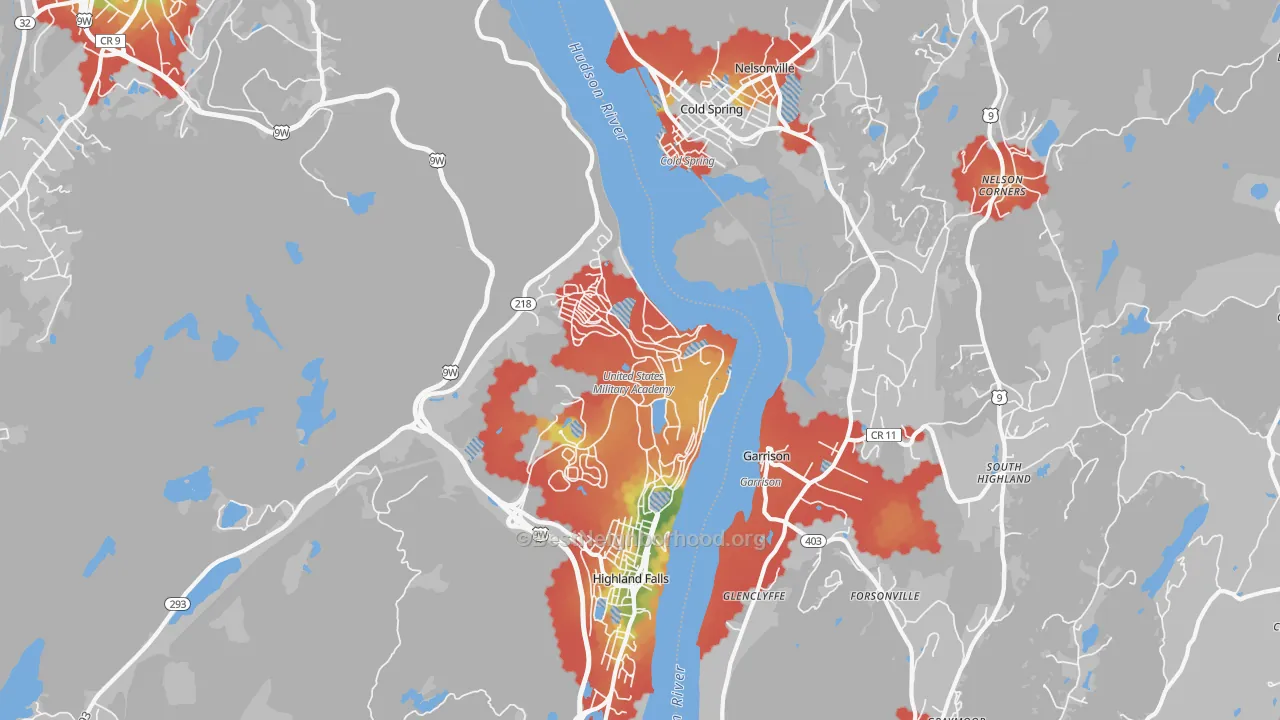 Walk Grade map of West Point, NY, walkable areas in green and car-dependent areas in red