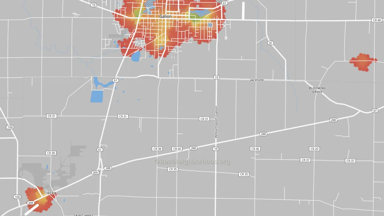 Walk Grade map of West Point, OH, walkable areas in green and car-dependent areas in red