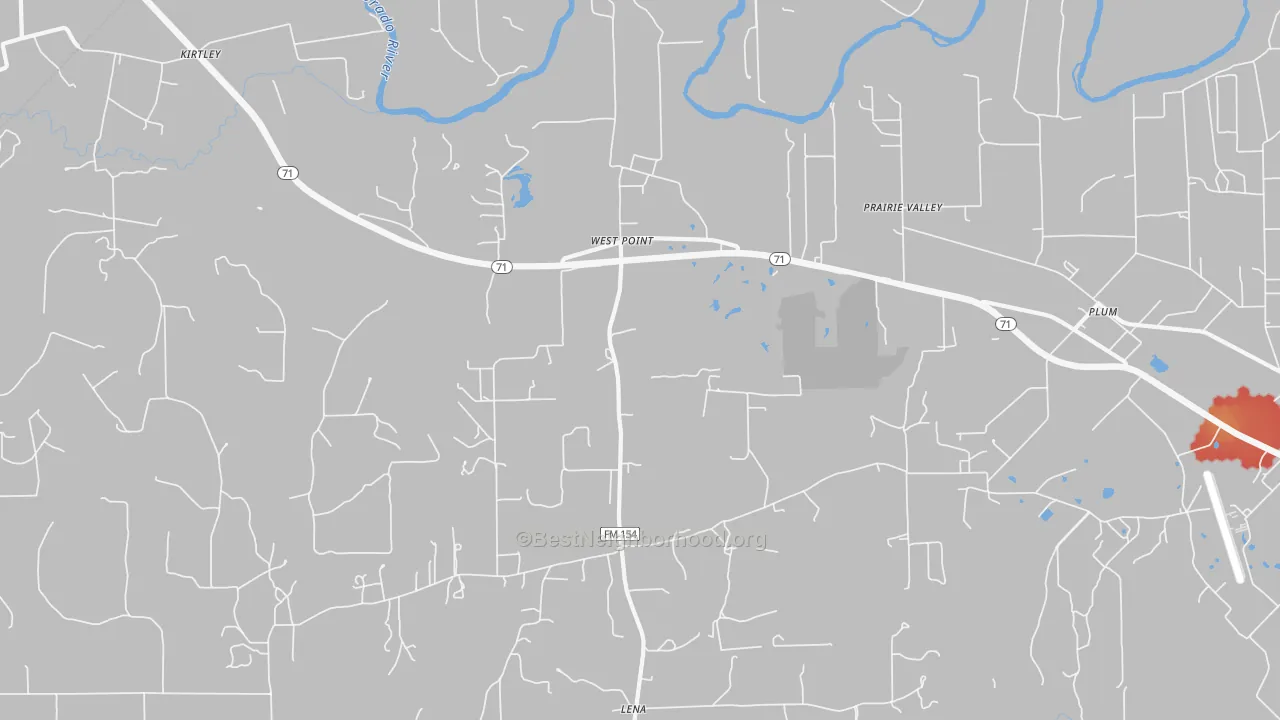 Walk Grade map of West Point, TX, walkable areas in green and car-dependent areas in red