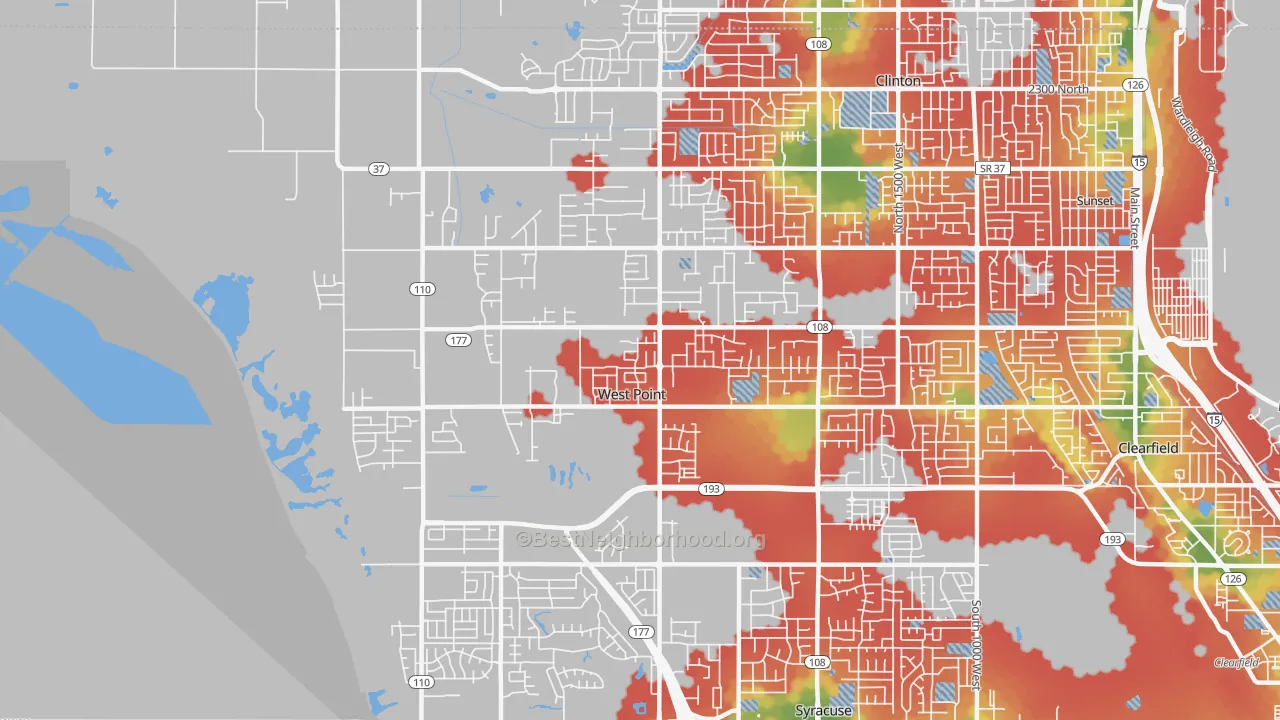 Walk Grade map of West Point, UT, walkable areas in green and car-dependent areas in red