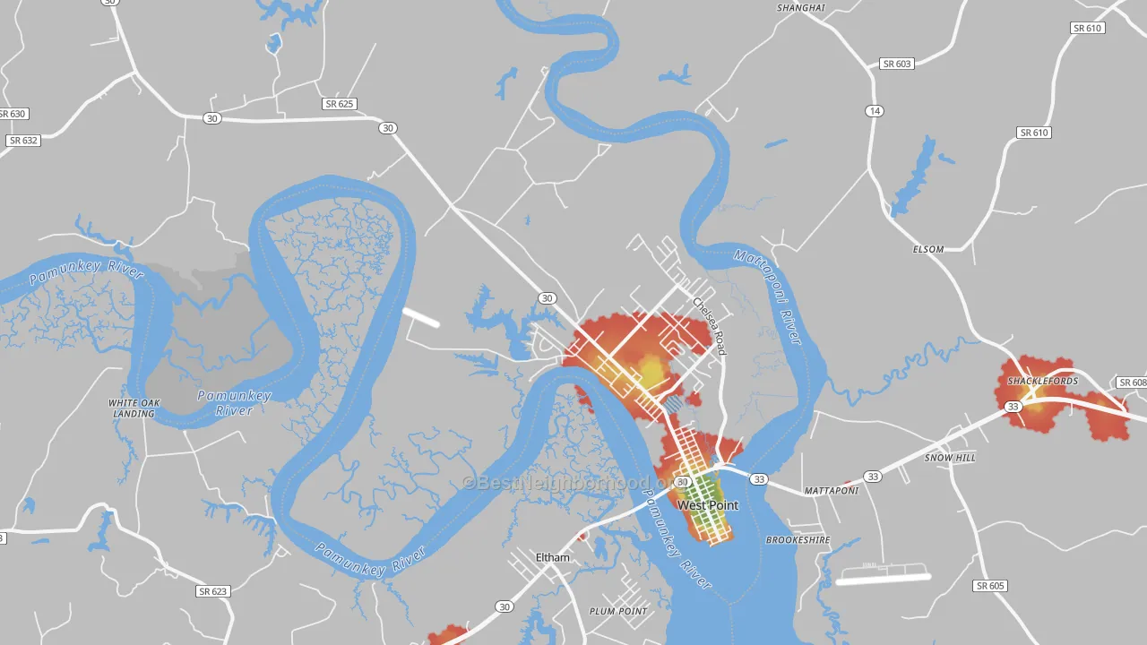 Walk Grade map of West Point, VA, walkable areas in green and car-dependent areas in red