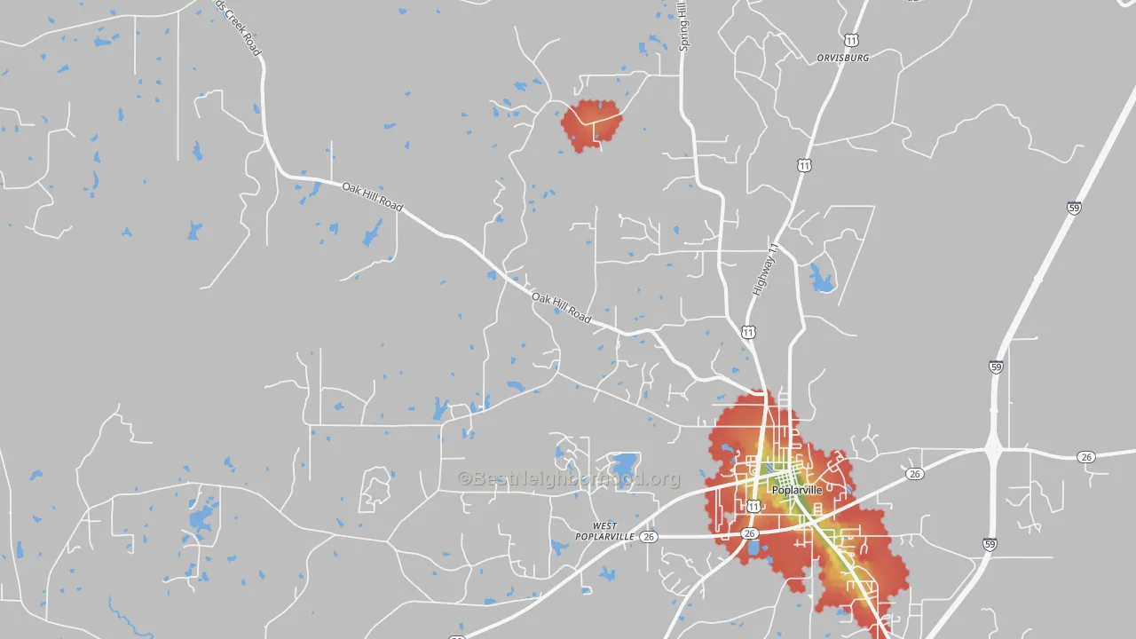 Walk Grade map of West Poplarville, MS, walkable areas in green and car-dependent areas in red
