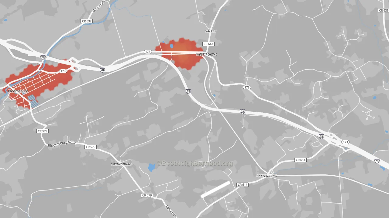 Walk Grade map of West Portal, NJ, walkable areas in green and car-dependent areas in red