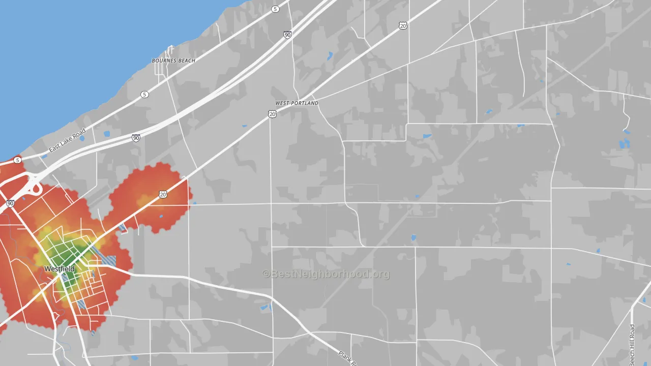 Walk Grade map of West Portland, NY, walkable areas in green and car-dependent areas in red
