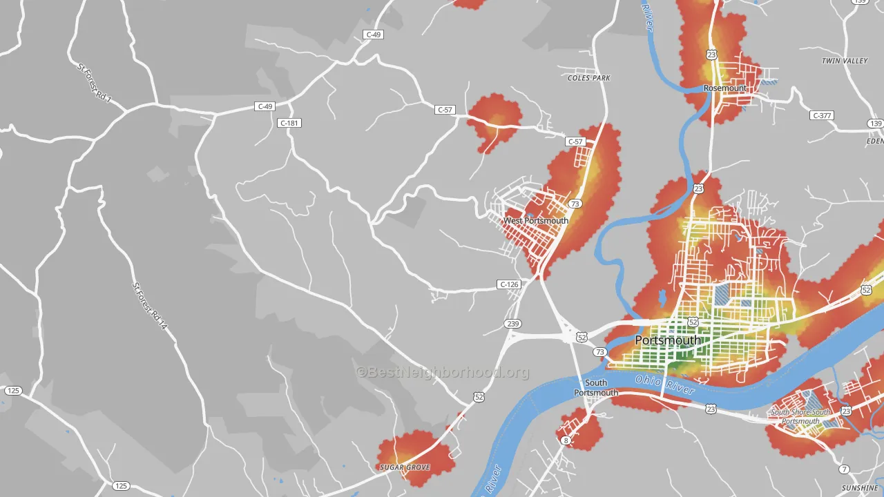Walk Grade map of West Portsmouth, OH, walkable areas in green and car-dependent areas in red