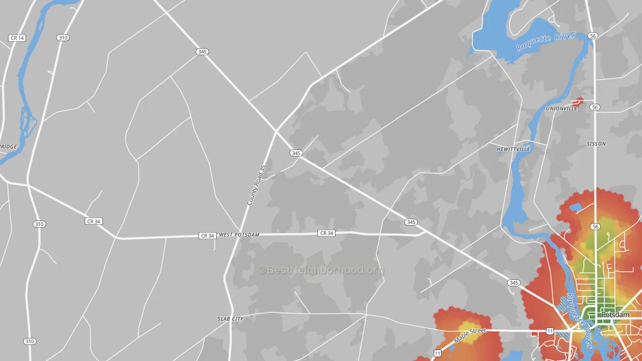 Walk Grade map of West Potsdam, NY, walkable areas in green and car-dependent areas in red