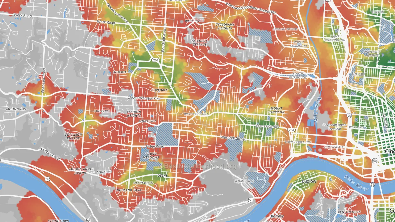 Walk Grade map of West Price Hill, Cincinnati, OH, walkable areas in green and car-dependent areas in red