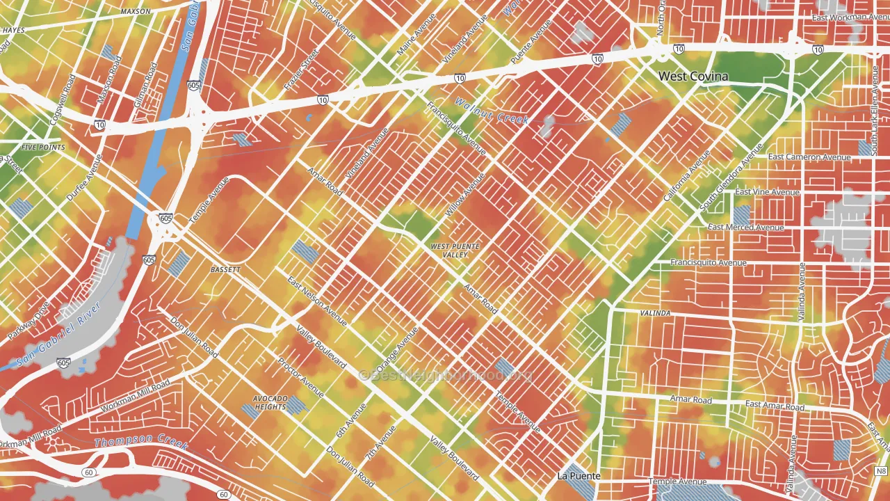 Walk Grade map of West Puente Valley, CA, walkable areas in green and car-dependent areas in red