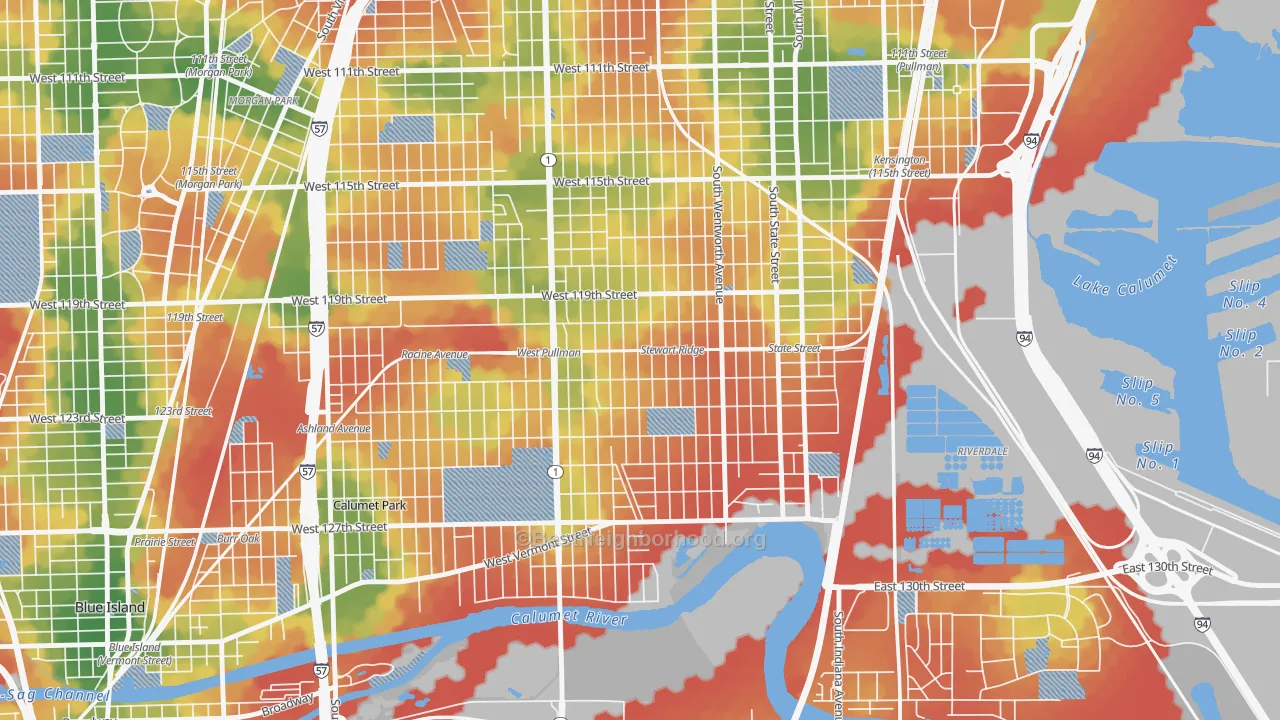 Walk Grade map of West Pullman, Chicago, IL, walkable areas in green and car-dependent areas in red