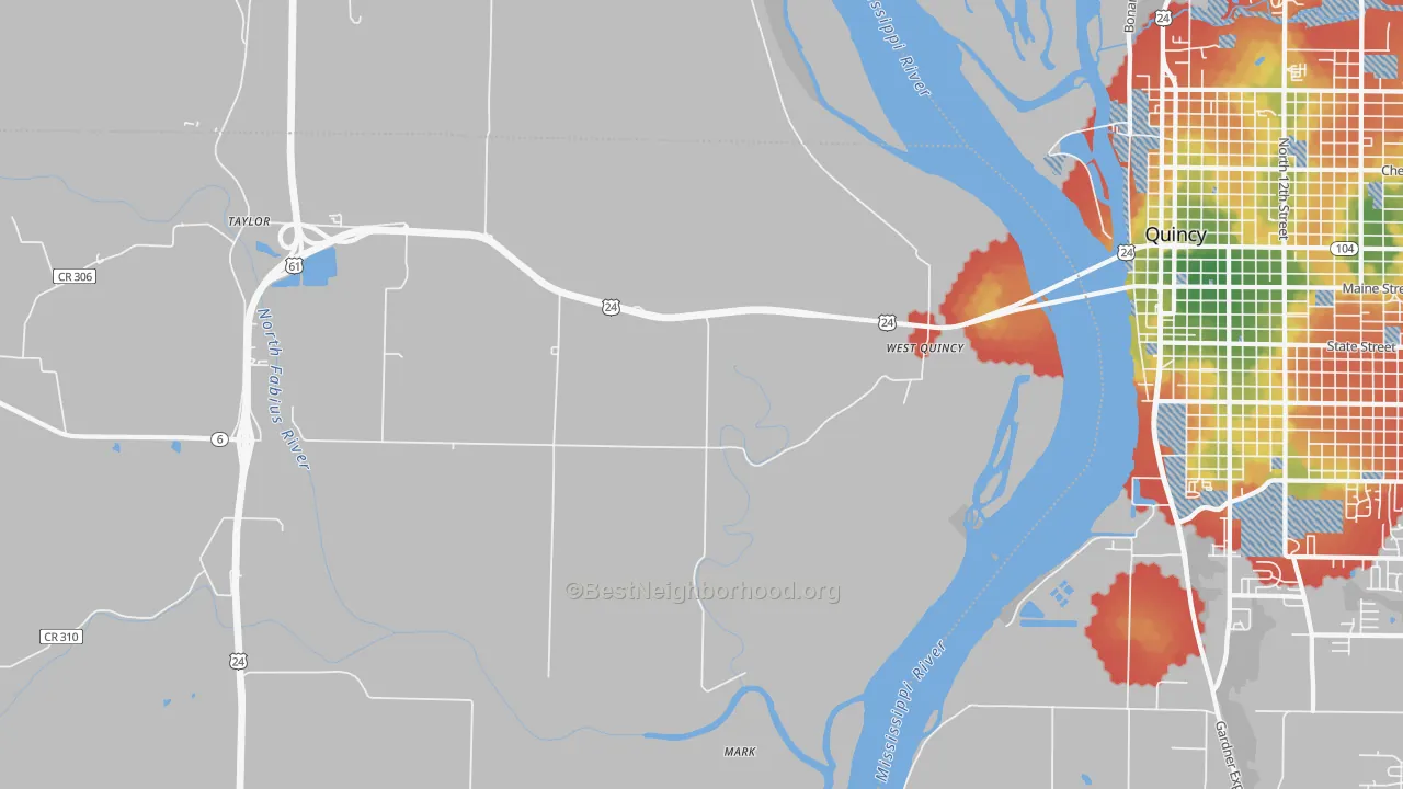 Walk Grade map of West Quincy, MO, walkable areas in green and car-dependent areas in red
