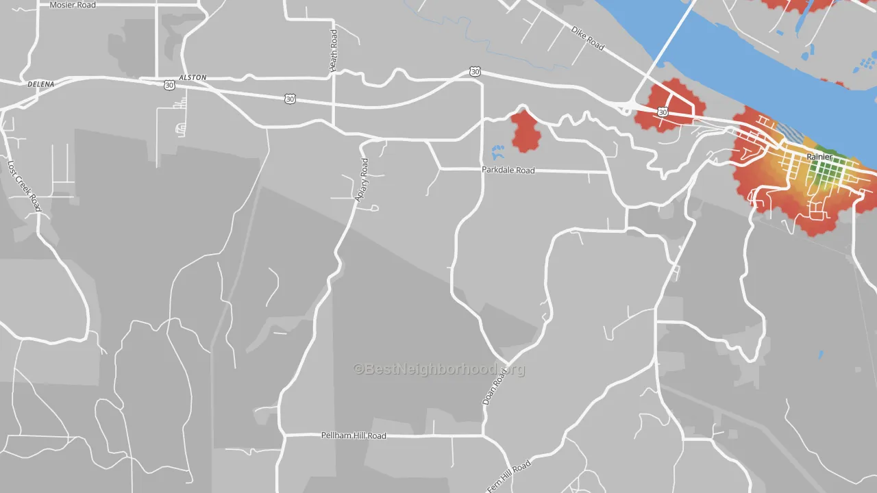 Walk Grade map of West Rainier, OR, walkable areas in green and car-dependent areas in red