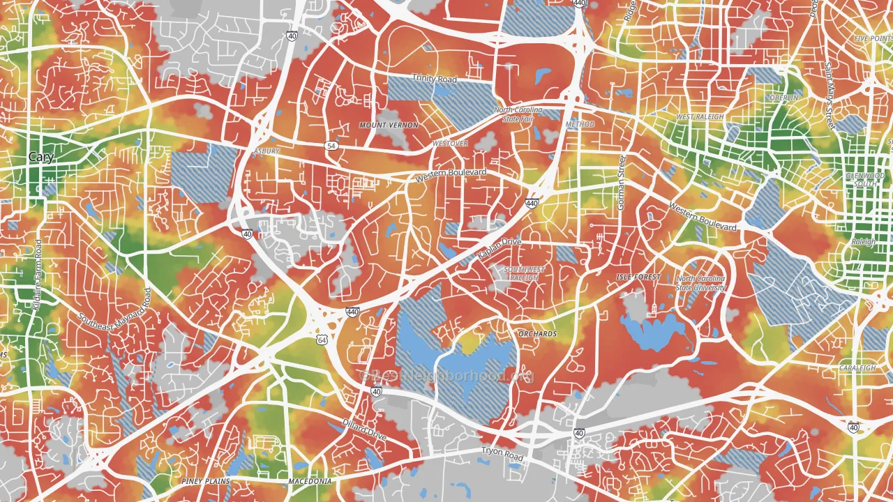 Walk Grade map of West, Raleigh, NC, walkable areas in green and car-dependent areas in red