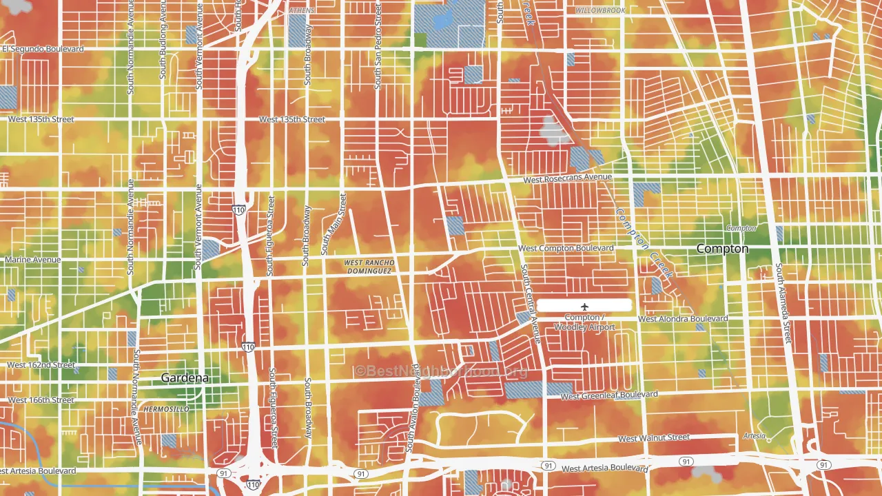 Walk Grade map of West Rancho Domingues, Compton, CA, walkable areas in green and car-dependent areas in red