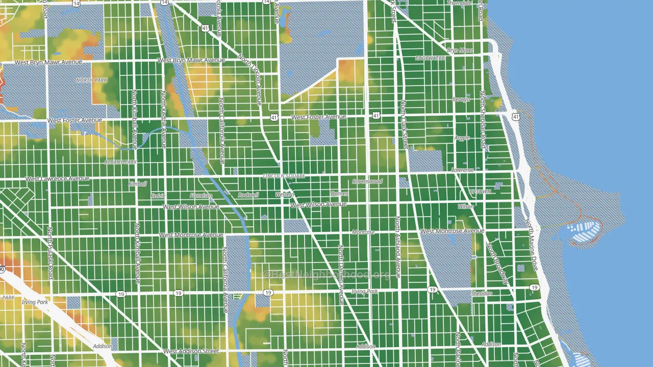 Walk Grade map of West Ravenswood, Chicago, IL, walkable areas in green and car-dependent areas in red