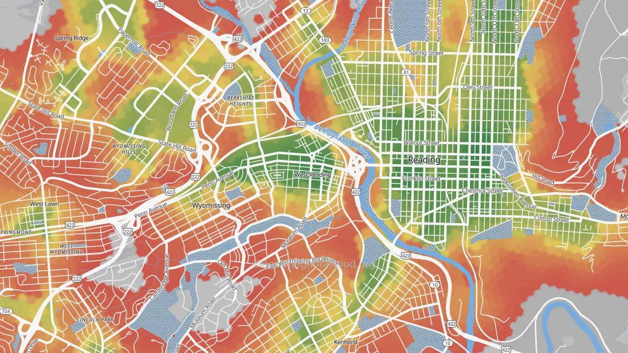 Walk Grade map of West Reading, PA, walkable areas in green and car-dependent areas in red